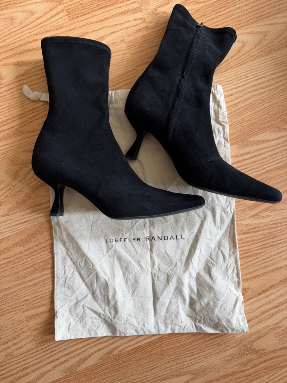Loeffler Randall Black Suede Pointed Toe Mid-Kitten Heel Ankle Boots